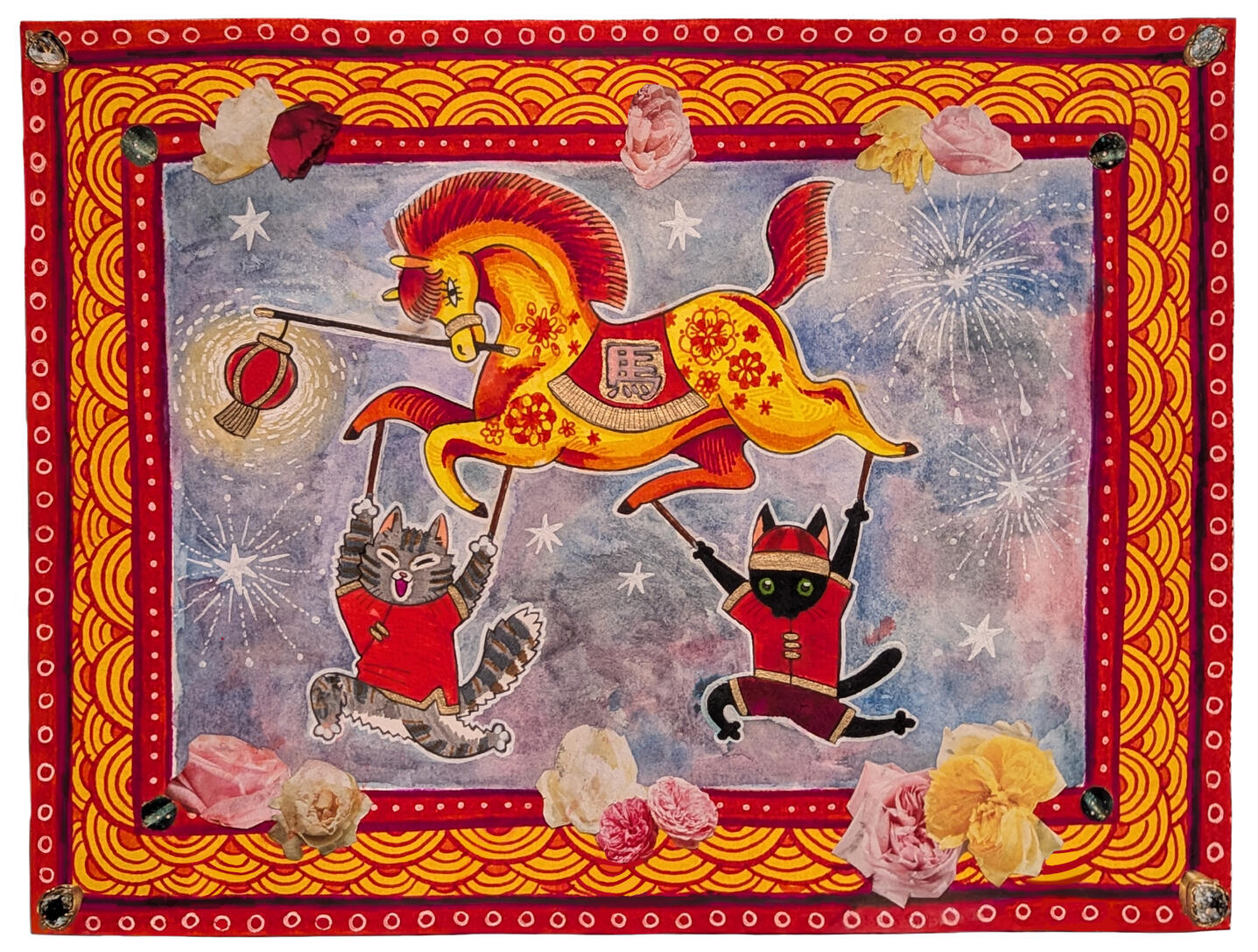 February 2026/Year of the Horse | 2025 [Ink, marker, watercolor, collage]
