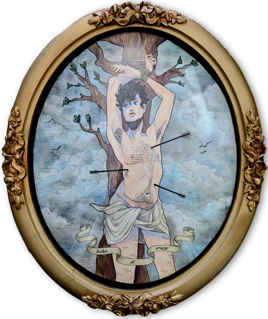 Struggle/Emerge | 2019 [Ink, watercolor, antique convex glass frame] Created as part of the 2019 "Art Work: Artists Working At The Met" exhibition at the Metropolitan Museum of Art in NYC.