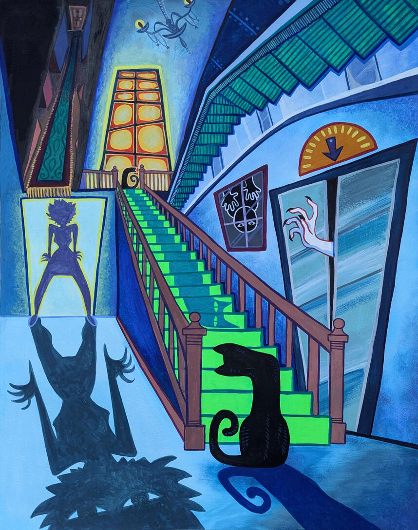 The Staircase/Mystery | 2025 [Gouache] Created as part of the 2025 "Paint Me A Song" exhibition at the Sydney Byne &amp; Davis Art Center in Ft. Myers, FL.