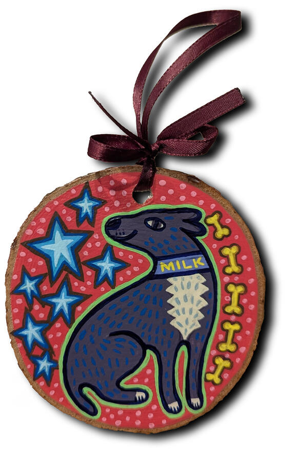 Milk Ornament | 2025 [Basswood round, acrylic, ribbon]