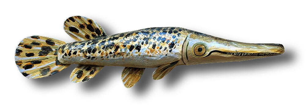 Pike | 2025 [Cardboard, newsprint, acrylic] Paper-mache wall sculpture of a spotted pike, measuring 12 inches long.