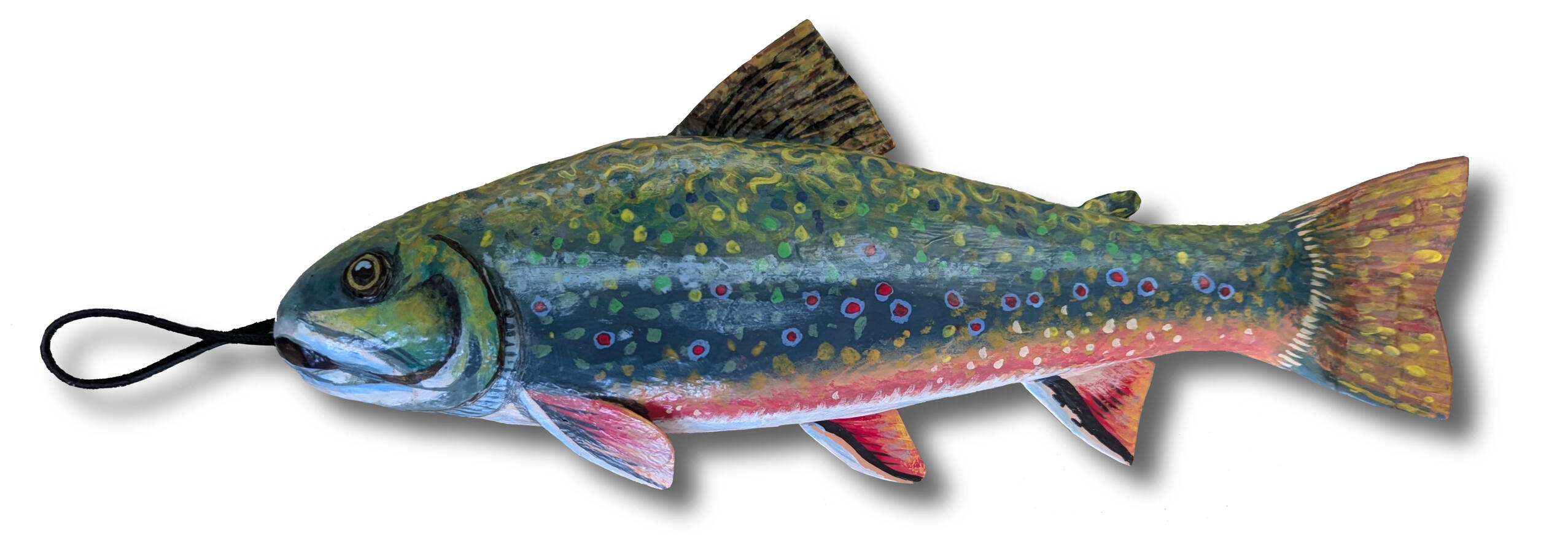 Brook Trout | 2025 [Cardboard, newsprint, acrylic, suede cording] Paper-mache wall sculpture of a brook trout, measuring 14 inches long.